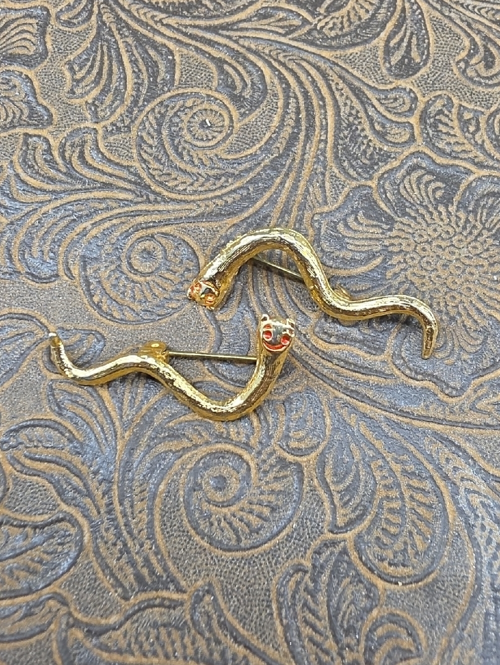 Vintage Gold Tone Snake Serpent Caterpillar Shaped Textured Pin Brooch Pair